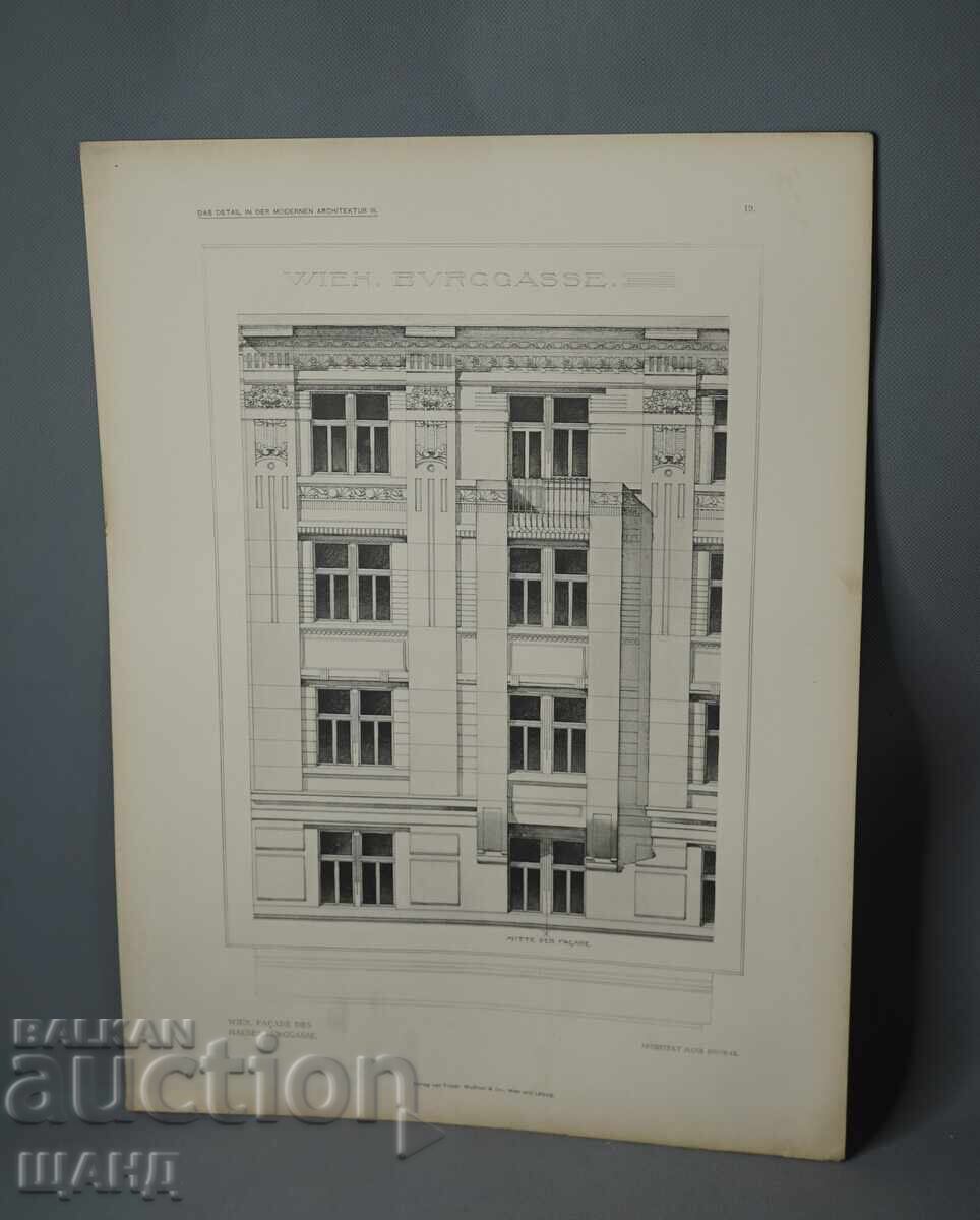 Litografie arhitecturală din Viena, 1900, reprezentând o casă, clădire, vilă Litografie arhitecturală din Viena, 1900, reprezentând o casă, clădire, vilă