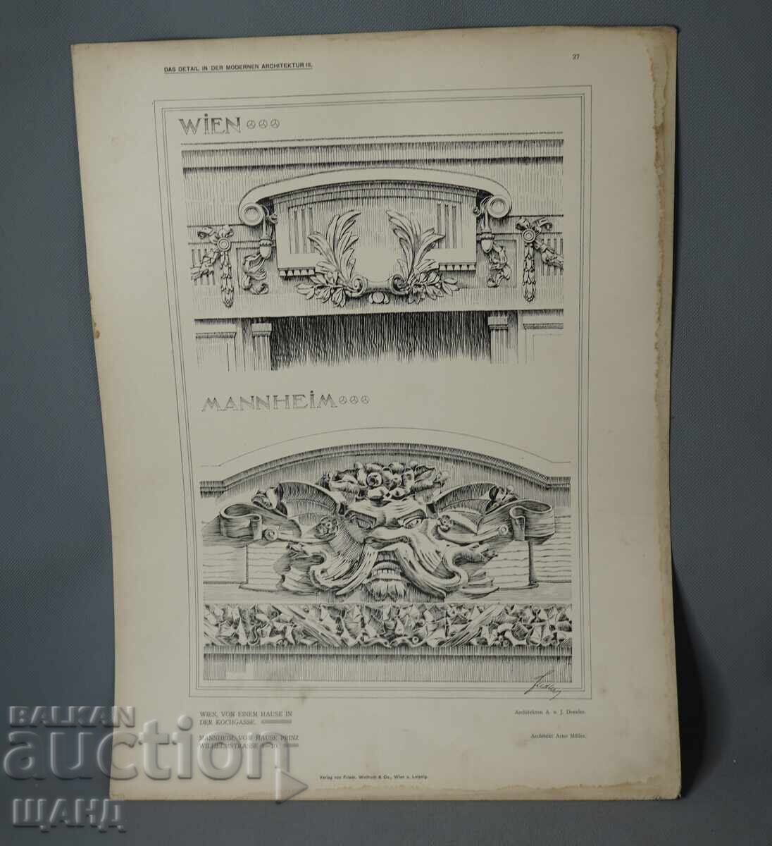 Litografie arhitecturală din Viena, 1900, reprezentând o casă, clădire, vilă Litografie arhitecturală din Viena, 1900, reprezentând o casă, clădire, vilă