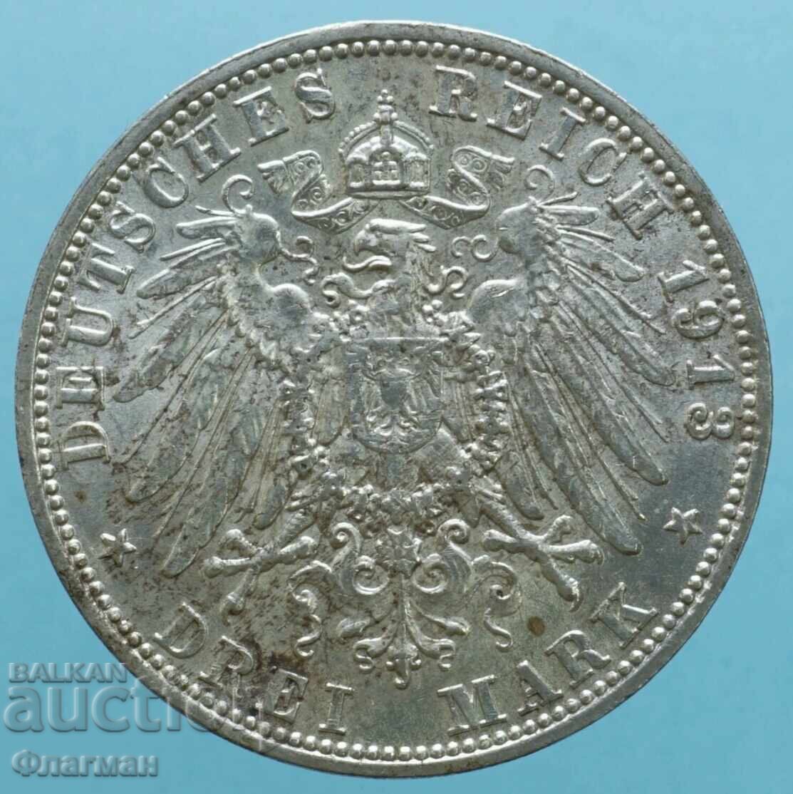 Bavaria 3 Marci 1913-D, Regele Otto I, aUNC cu preț € 160.00 | 312.93 BGN