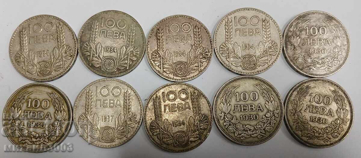 LOT OF 10 SILVER COINS 100 LEVA TSAR BORIS 1930-34-37