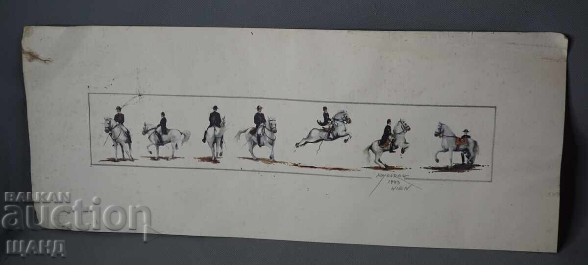 Gravură de maestru din 1993, reprezentând cai și călăreți, semnată