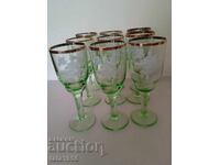 Green glass wine goblets with gilding, 9 pcs