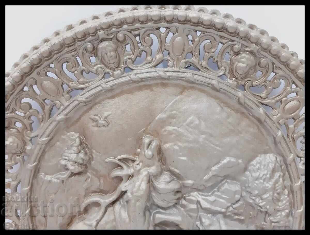 Δημοπρασία Vintage Γερμανικό Μεταλλικό Πάνελ – Κυνηγετική Σκηνή – Μπαρόκ Στολίδι