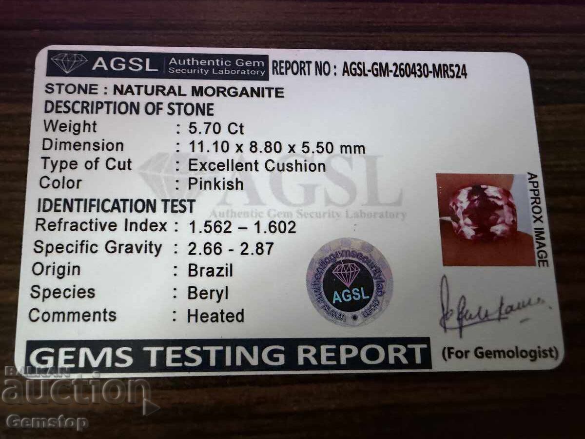 PREȚ DE START! Morganit natural de 5.70 ct, tăietură cushion, certificat AGSL, de la 1 leu! - 7