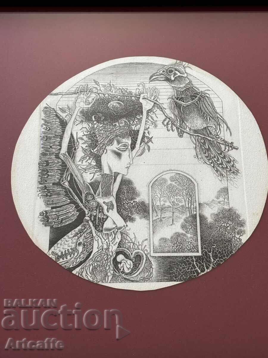 Prof. Stoimen Stoilov - grafică rară, acvaforte circular, ramă nouă - 7