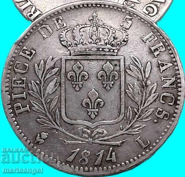 Licitație Franța 5 franci 1814 L - Toulouse 24,78g Ludovic al XVIII-lea argint