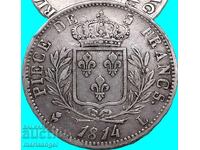 Франция 5 франка 1814  L- Тулуза 24,78г Луи XVIII сребро