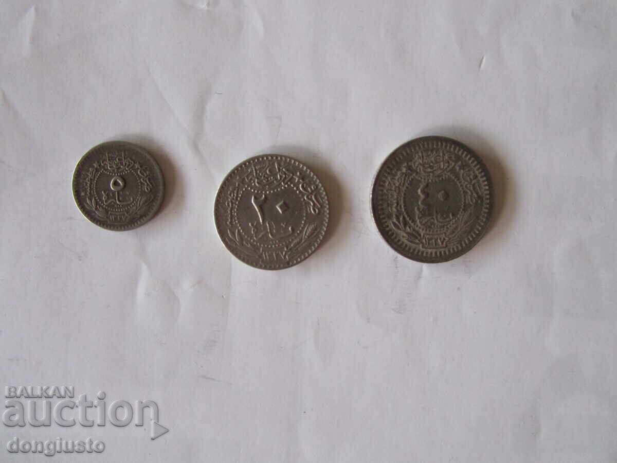 Lot of Ottoman Empire coins 3 pieces - 5, 20 and 40 para Mehmed V