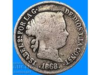 Spania 10 centimos 1868 Isabel II argint - rară