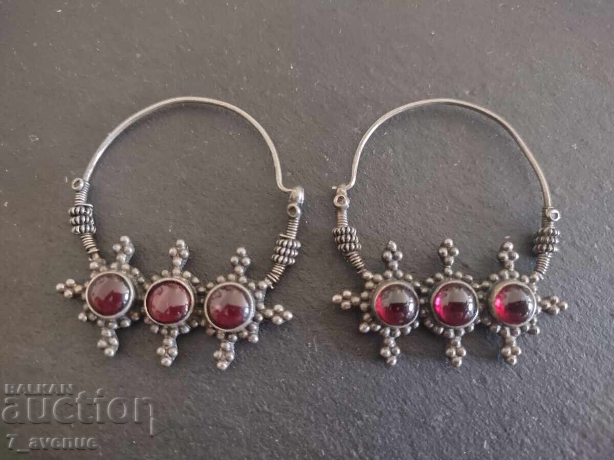 Earrings, silver with natural Garnet stone jewelry for traditional costume Earrings, silver with natural Garnet stone jewelry for traditional costume