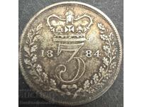 Great Britain 3 pence 1884 Queen Victoria .925 Silver