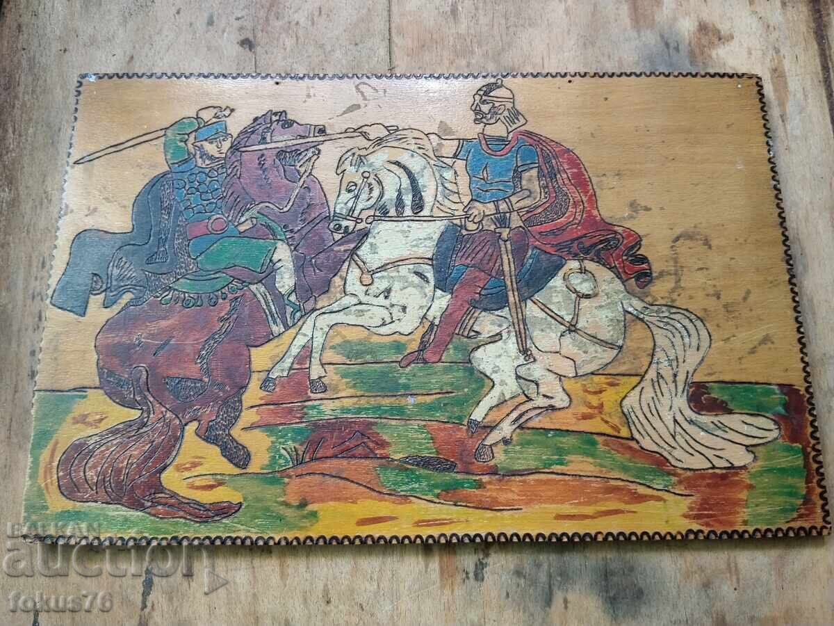 Licitație Tablou vechi pirogravat pe lemn - scenă de luptă