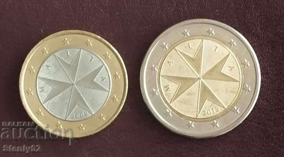 1 και 2 ευρώ Μάλτα 2008, 2015 Σταυρός της Μάλτας