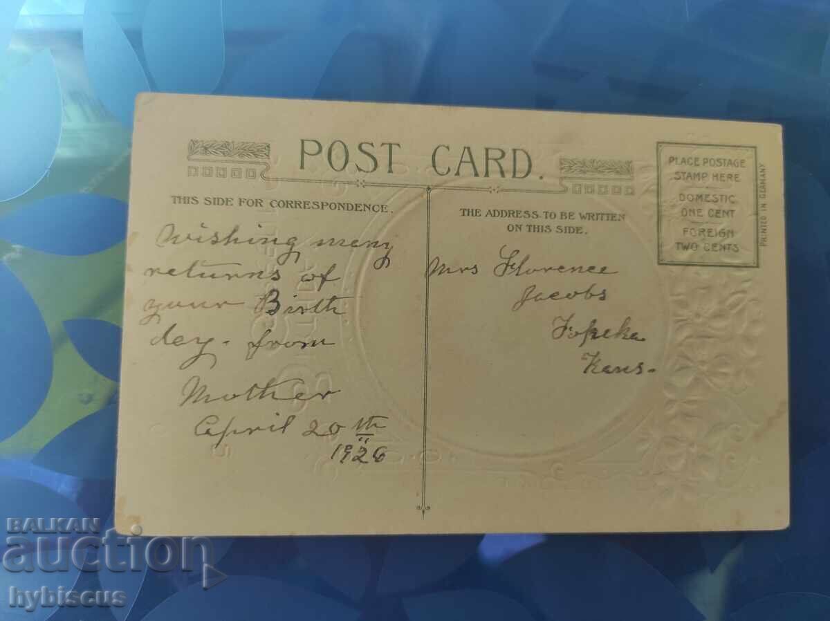 Релефна пощенска картичка " поздрави за рожден ден" САЩ 1926 с цена € 1.00 | 1.96 лв.