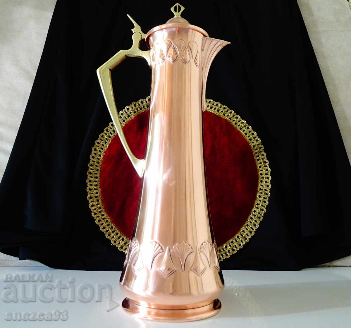 WMF copper pitcher with lid, running ostrich, Art Nouveau, Jugendstil