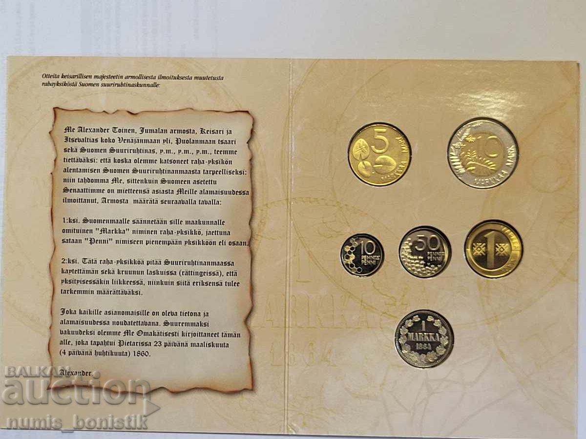 Licitație Set 10 și 50 penni, 1, 5, 10 marci 2001 + 1 marcă 1864 Finlanda