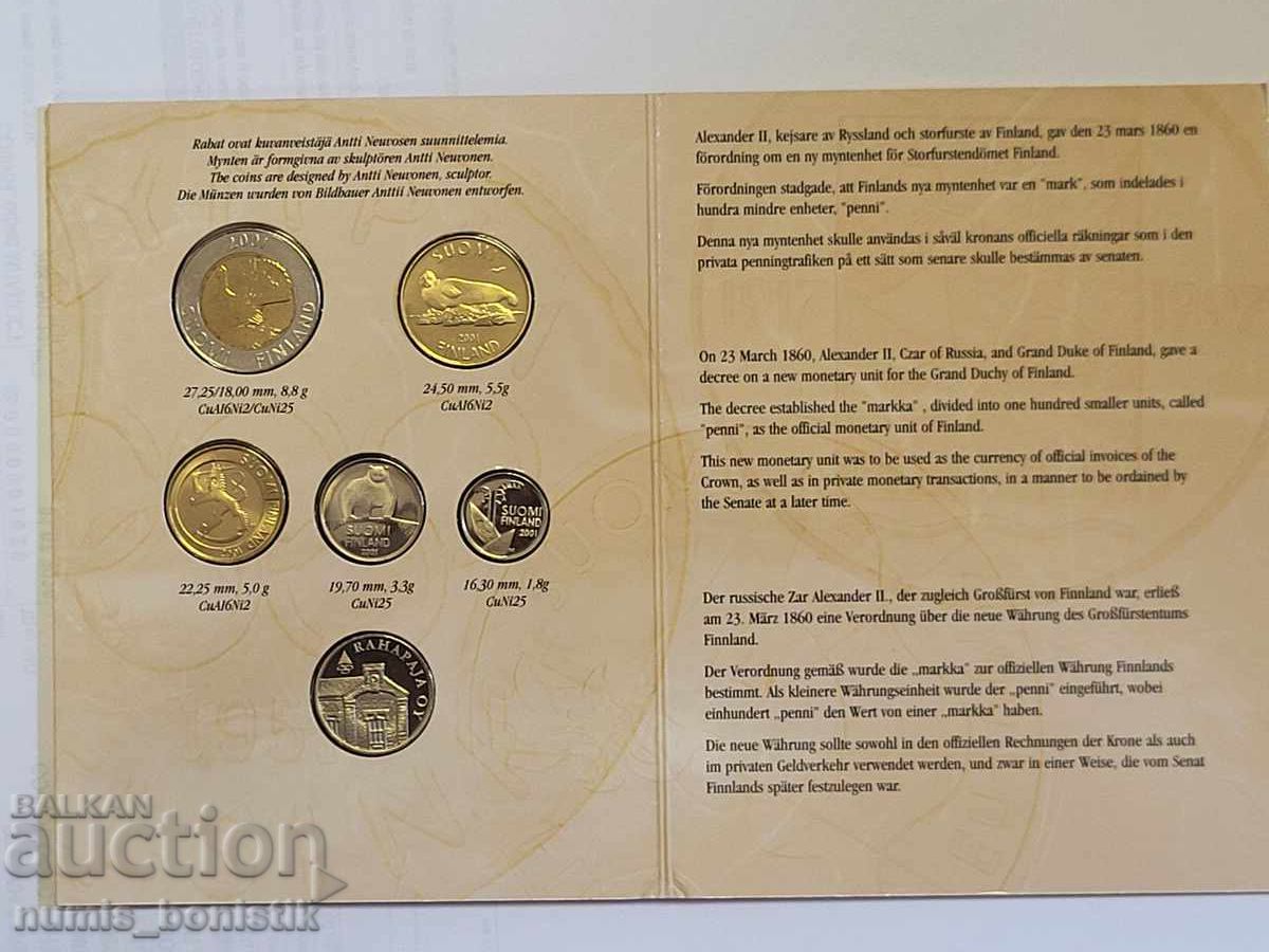 Livrarea Set 10 și 50 penni, 1, 5, 10 marci 2001 + 1 marcă 1864 Finlanda