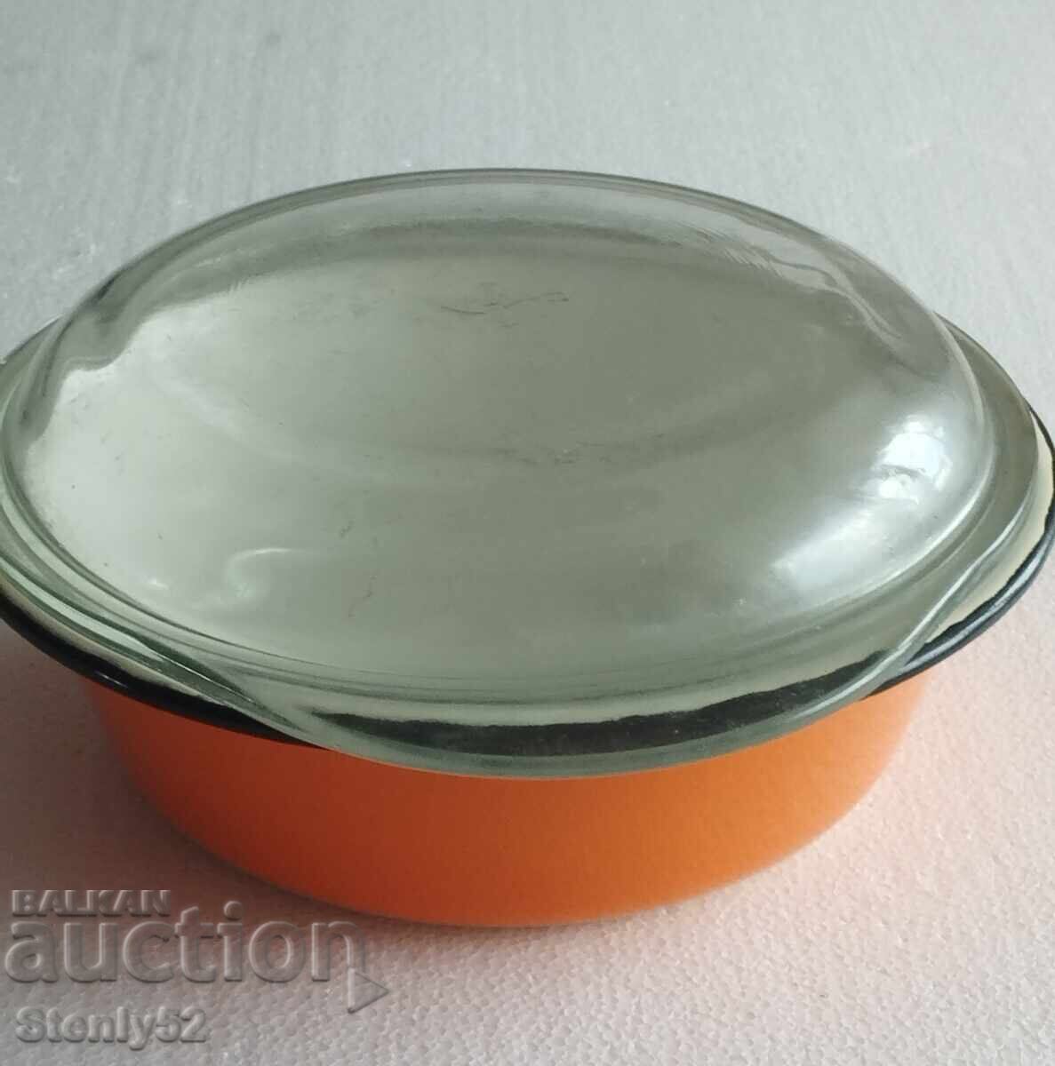 Bol emailat URSS cu capac termic din sticlă groasă farfurie