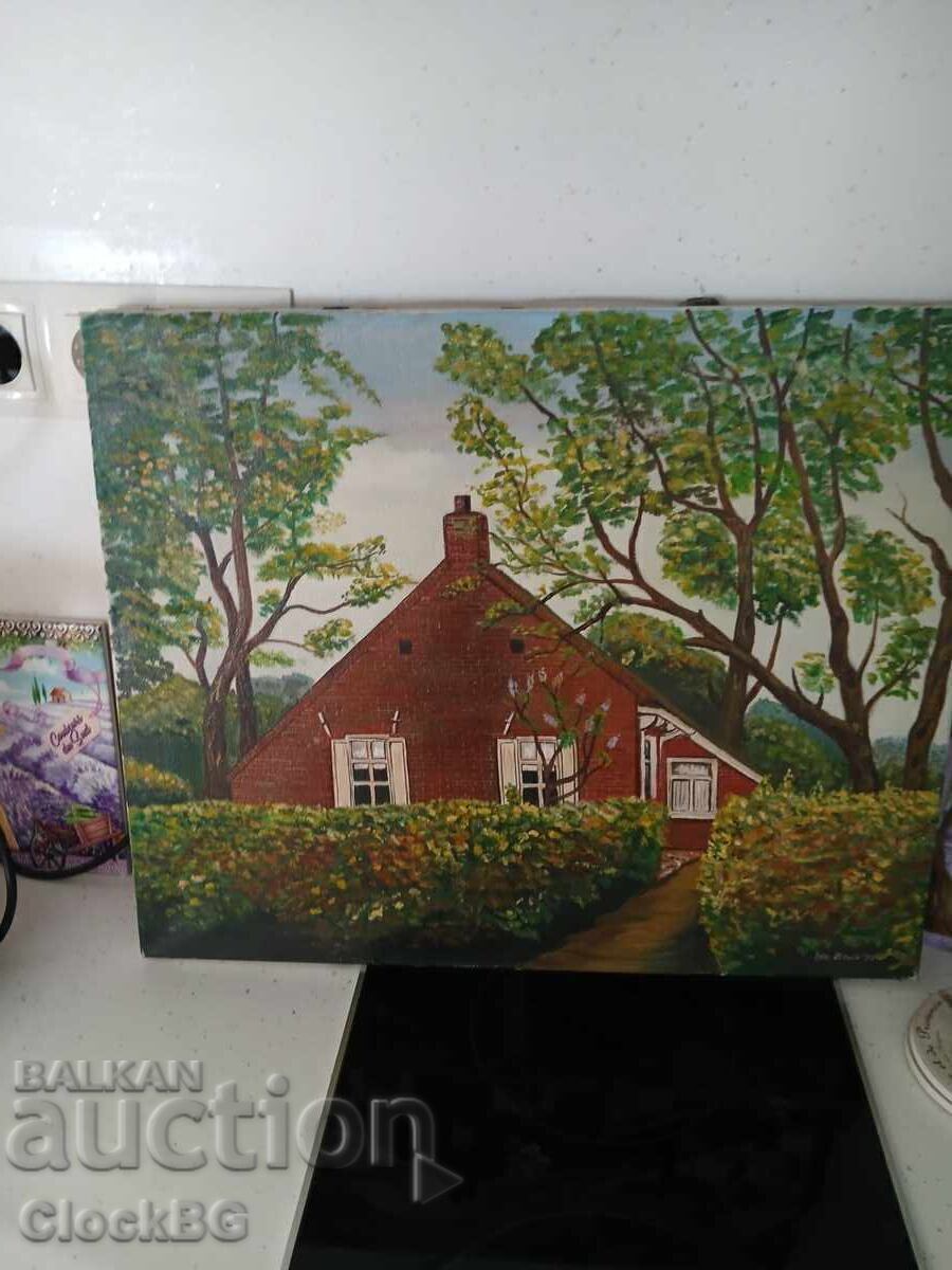 Pictură în ulei originală „Fermă olandeză” de I. de Bruin