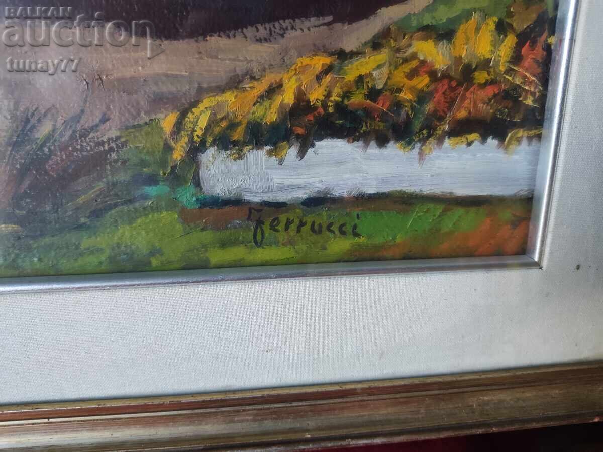 Licitație Tablou mare în ulei pe pânză cu ramă masivă și sticlă