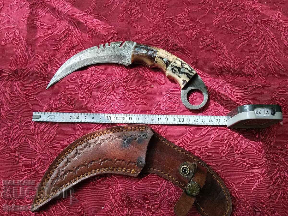 Old Karambit type knife, Damascus steel, horn scales - 5 Old Karambit type knife, Damascus steel, horn scales - 5