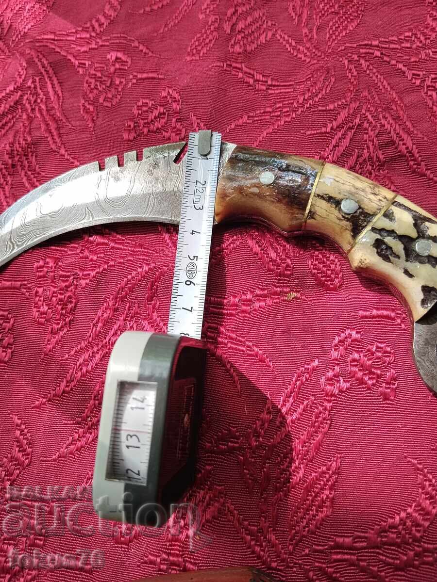 Old Karambit type knife, Damascus steel, horn scales - 6 Old Karambit type knife, Damascus steel, horn scales - 6