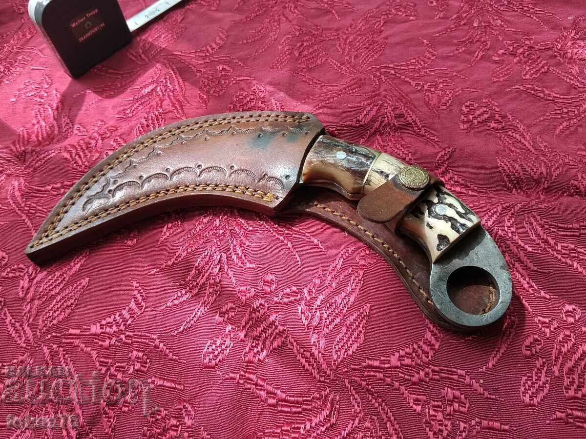 Old Karambit type knife, Damascus steel, horn scales - 7 Old Karambit type knife, Damascus steel, horn scales - 7