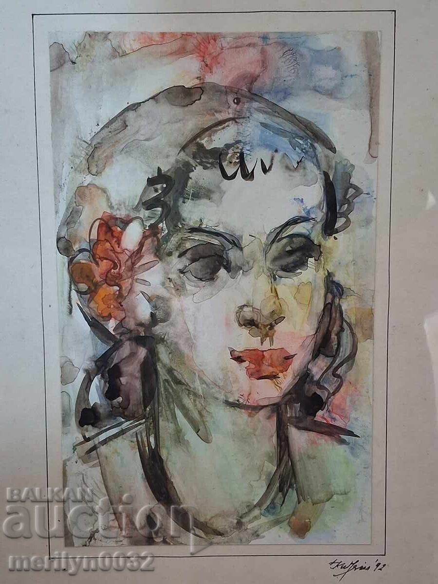 Tablou portret acuarelă 36/26 cm Kiril Irinchev 1992 Tablou portret acuarelă 36/26 cm Kiril Irinchev 1992