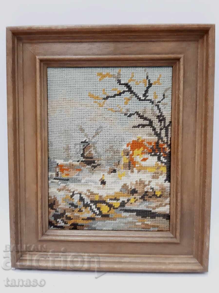 Ръчен гоблен 70те, пейзаж с къща, леко повредена рамка