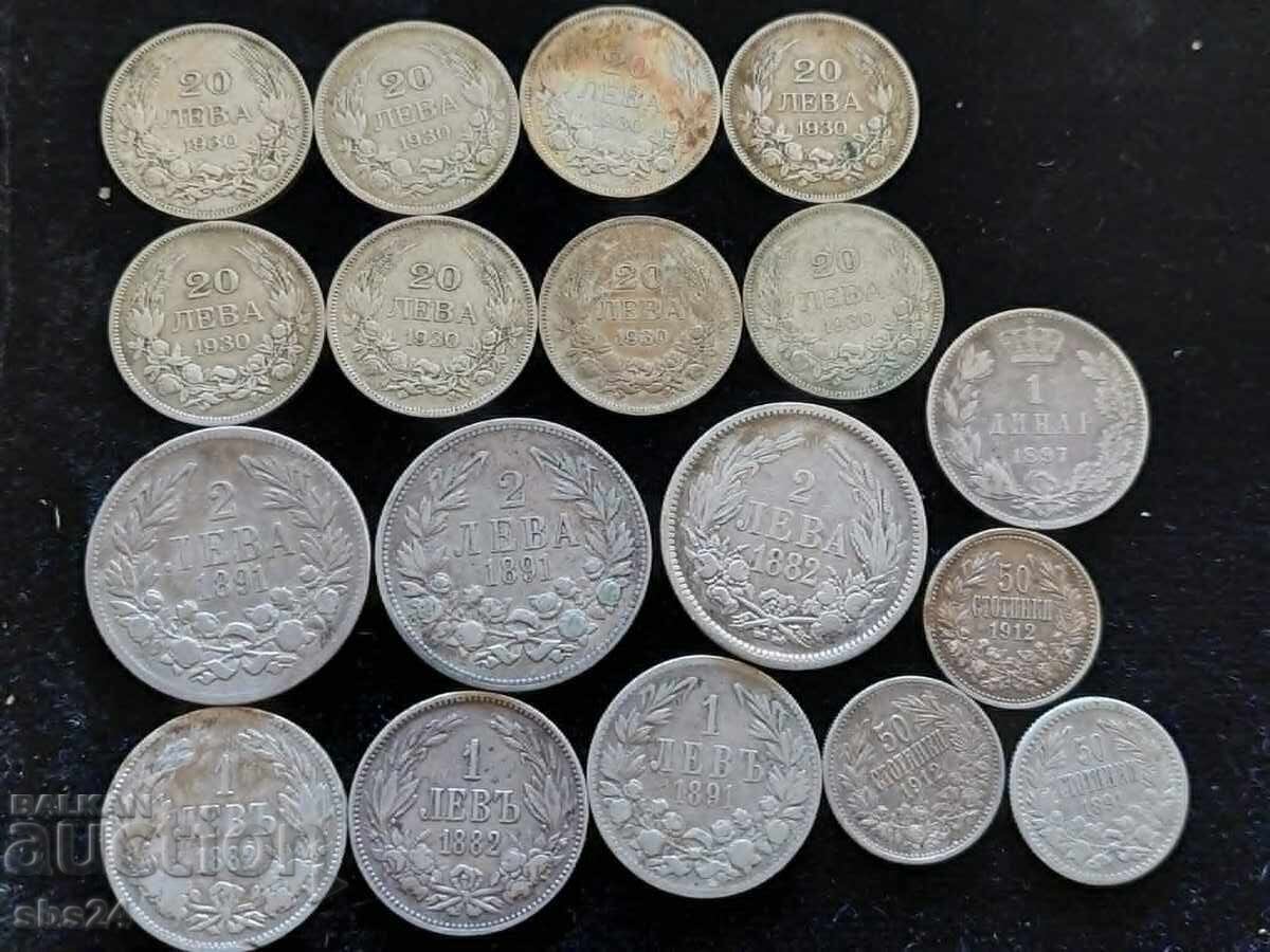 21 Bulgarian silver coins plus one Serbian dinar