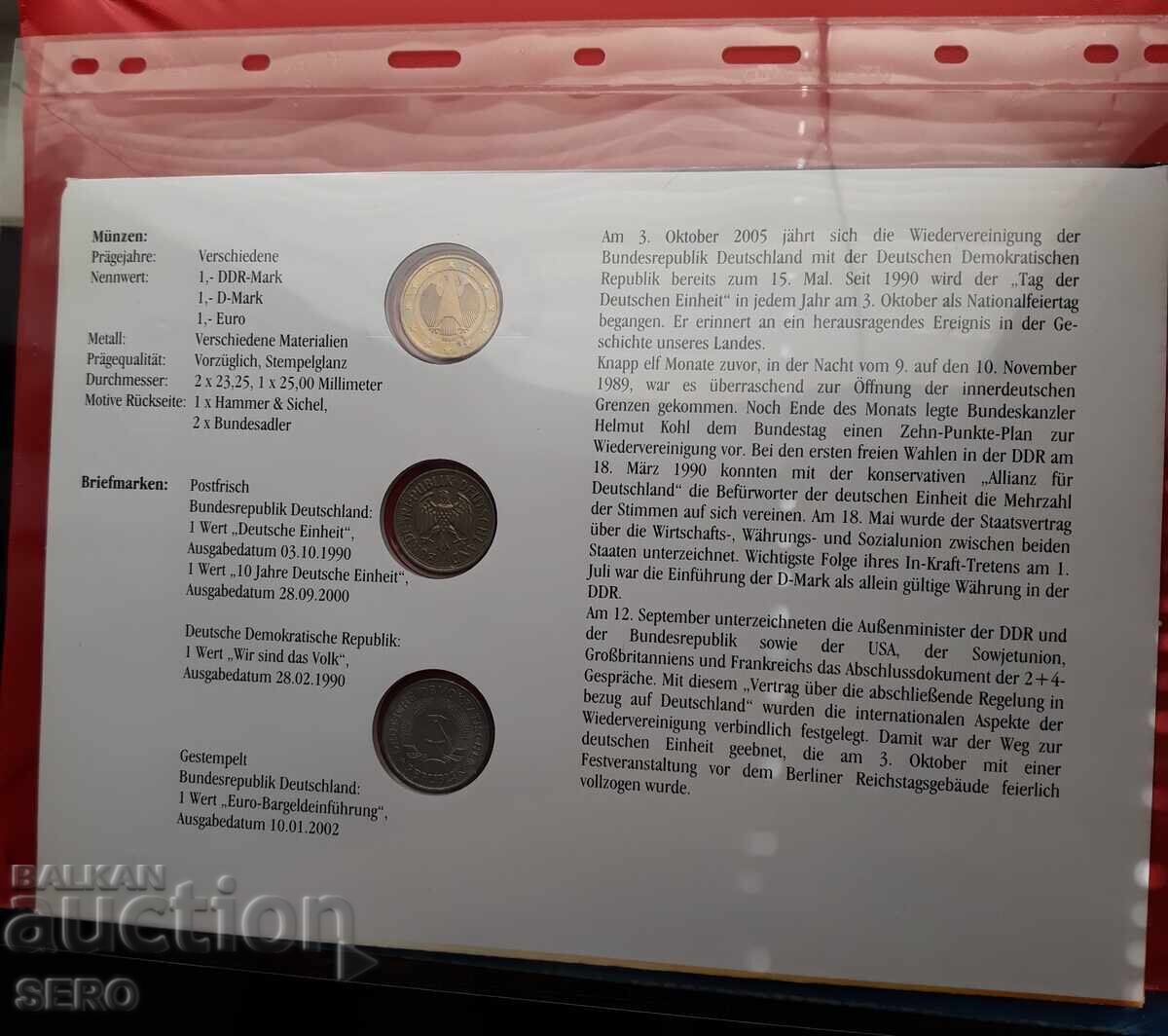 Licitație Germania - 3 monede și 3 timbre poștale într-un plic frumos