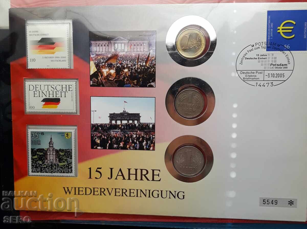 Germania - 3 monede și 3 timbre poștale într-un plic frumos
