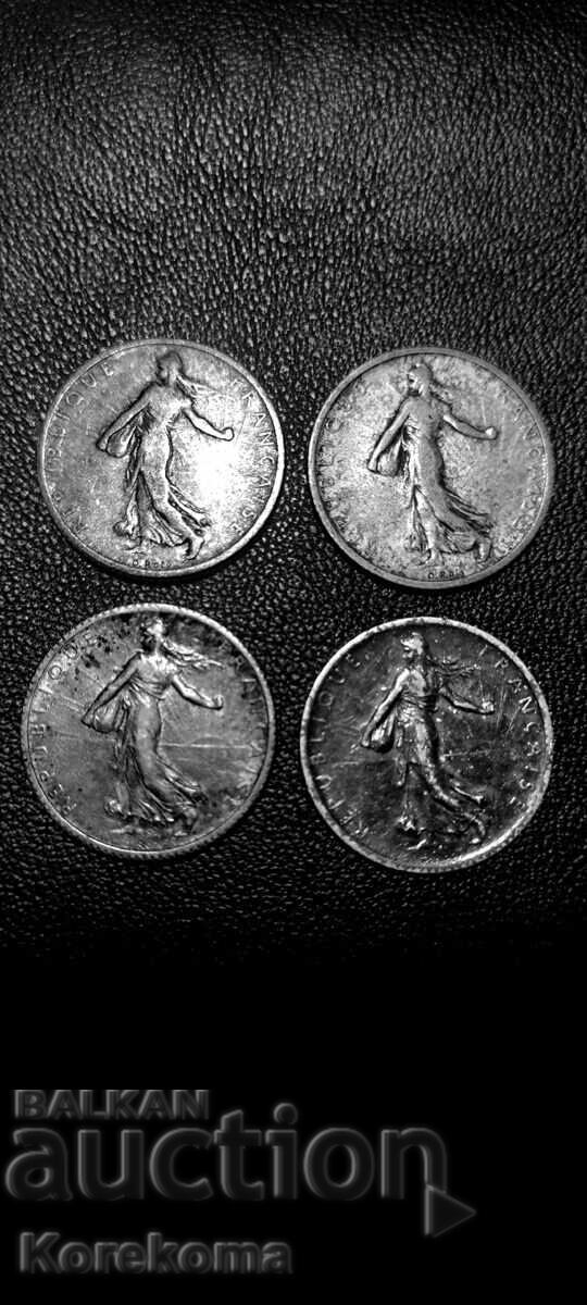 4x1 Γαλλικά Φράγκα 1908-17. Ασήμι από 1λ. Τιμή εκκίνησης. Διάβασε την περιγραφή με τιμή € 0.01 | 0.02 BGN