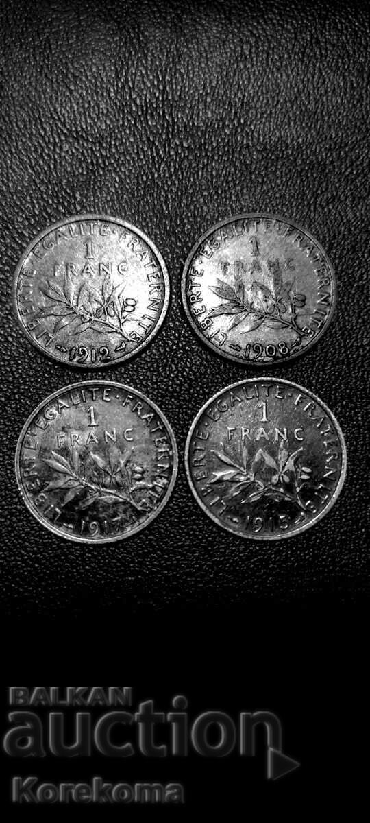 4x1 Γαλλικά Φράγκα 1908-17. Ασήμι από 1λ. Τιμή εκκίνησης. Διάβασε την περιγραφή