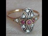 Inel Art Deco cu rubine. Argint placat cu aur