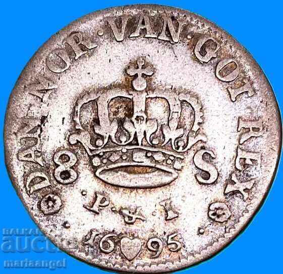 Дания 8 Скилинга 1695 Christian V, 1670-1699 сребро - 5