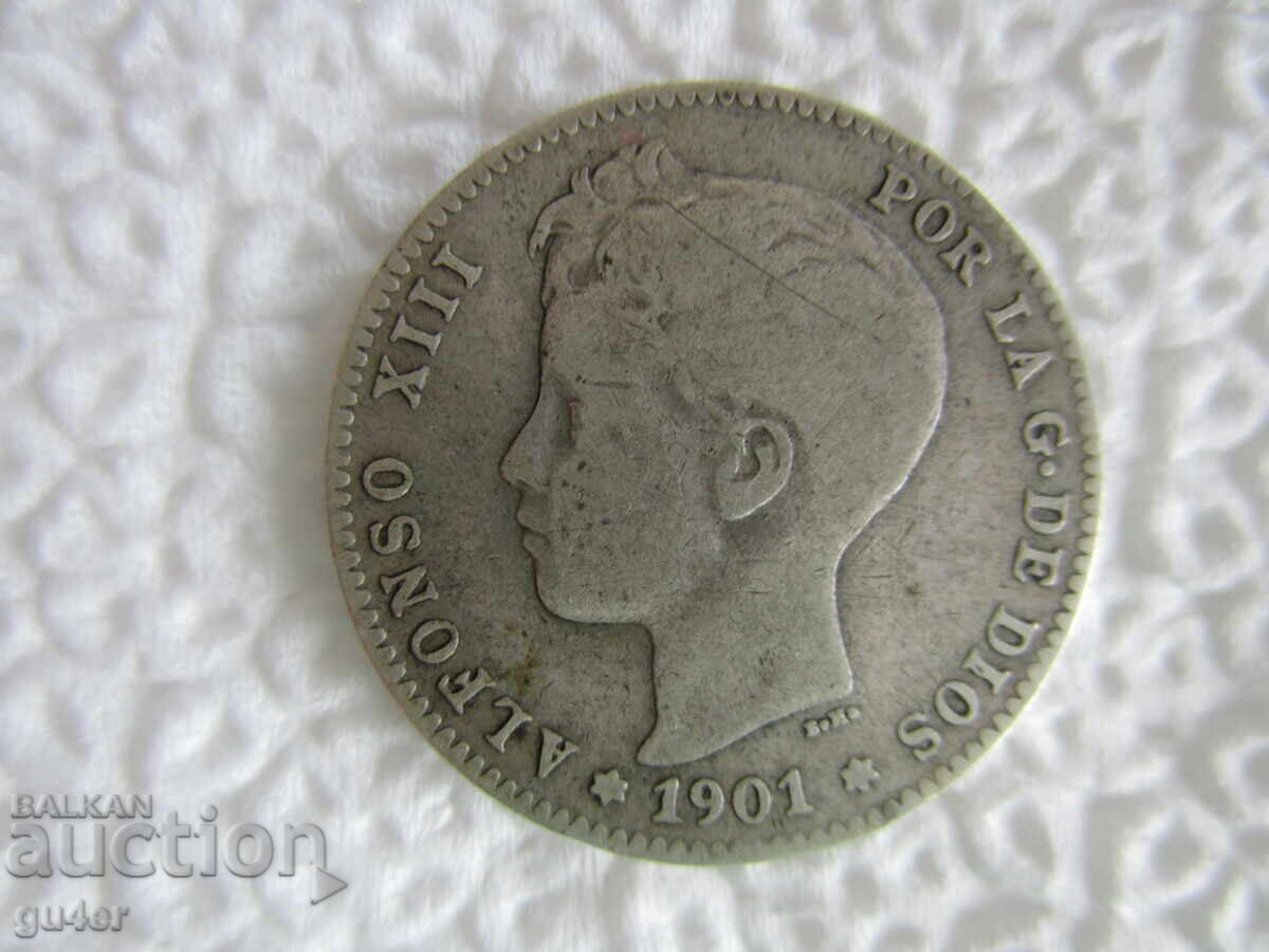БЗЦ❌❌❌Испания/1 пезета 1901/сребро 0.835, РЯДКА❌❌❌БЗЦ с цена € 1.50 | 2.93 лв.