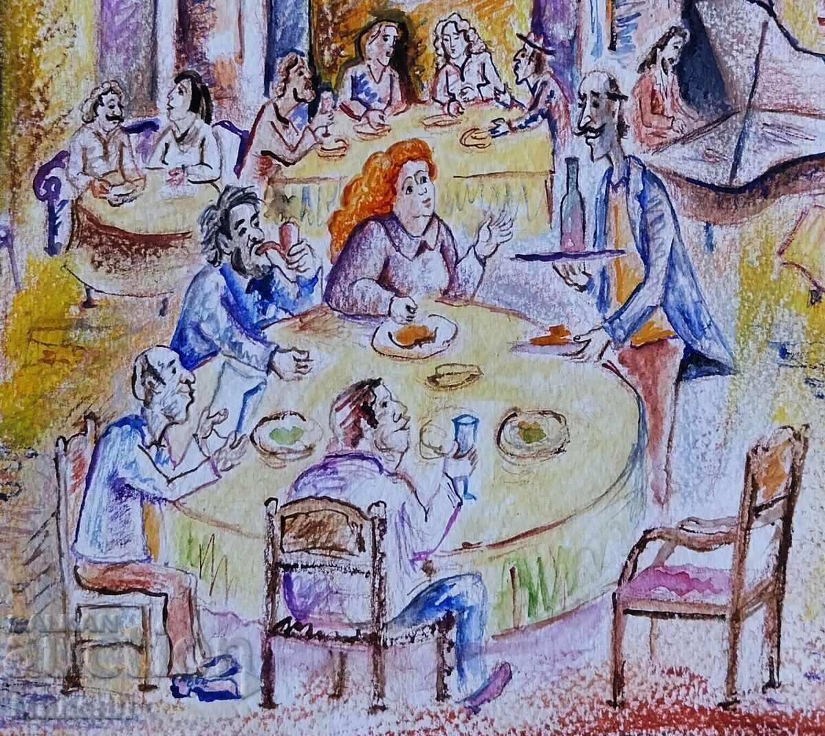 Restaurant watercolor and pastel drawing with price 25.00 €