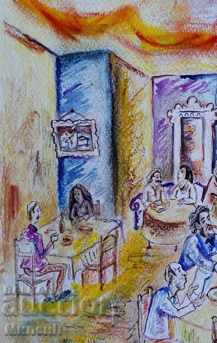 Auction  Restaurant watercolor and pastel drawing