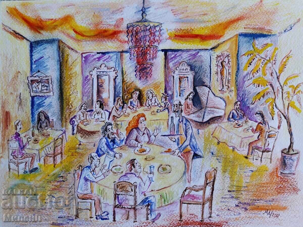 Restaurant watercolor and pastel drawing