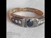 Silver ring with sapphire, zircons and gold plating