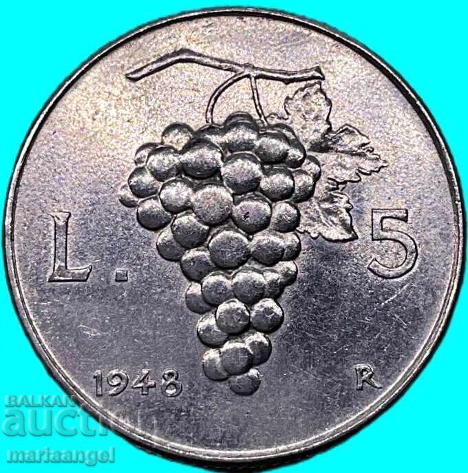 5 Lire 1948 Italy Grapes 26mm - 7 5 Lire 1948 Italy Grapes 26mm - 7