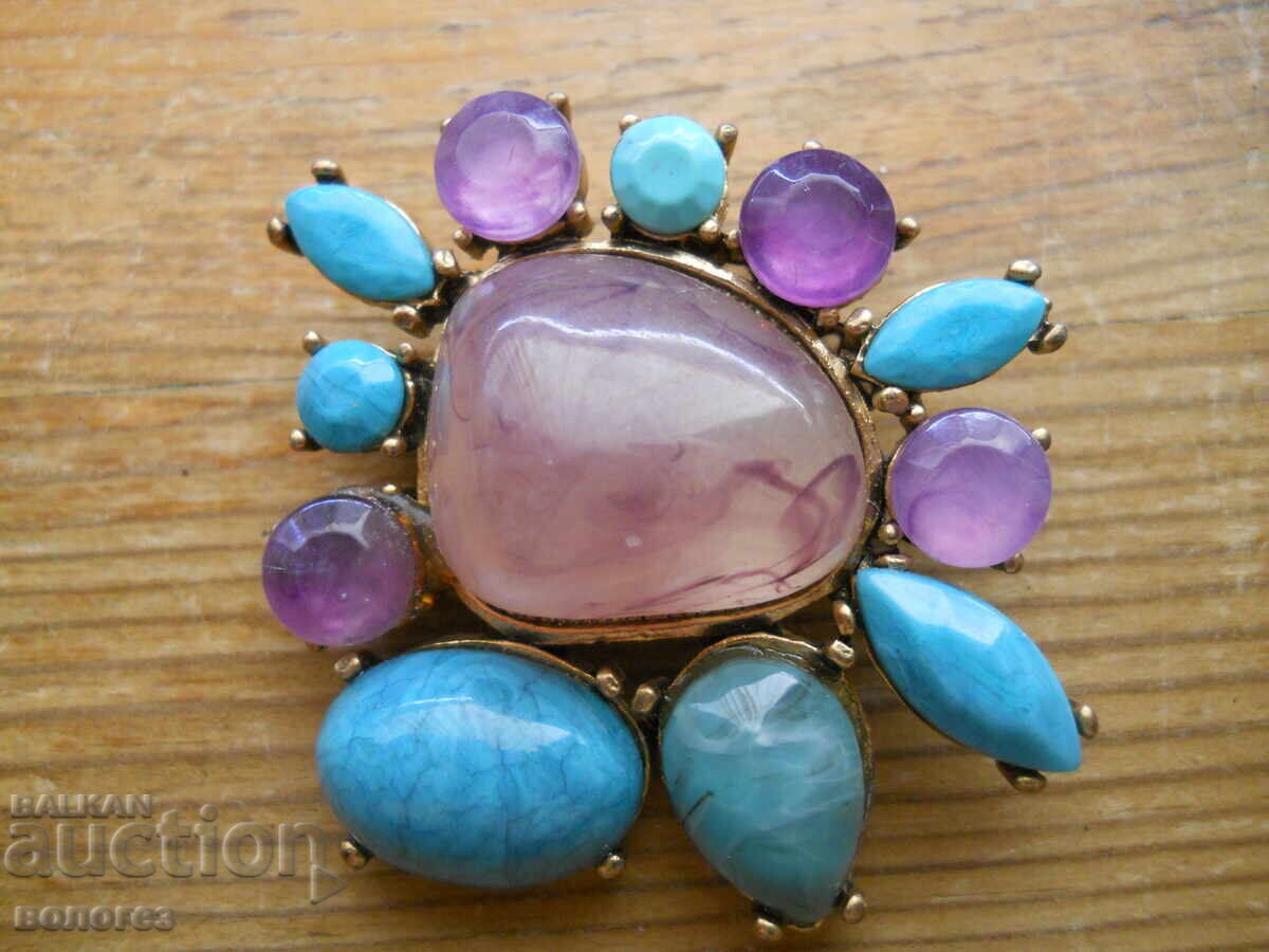 Brooch with semi-precious stones - turquoise and amethysts Brooch with semi-precious stones - turquoise and amethysts