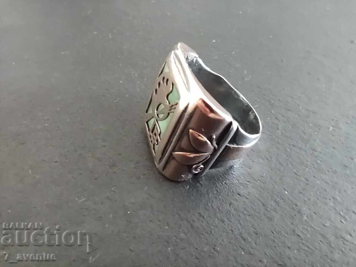Extraordinary silver and gold ring with natural Jade - 5 Extraordinary silver and gold ring with natural Jade - 5