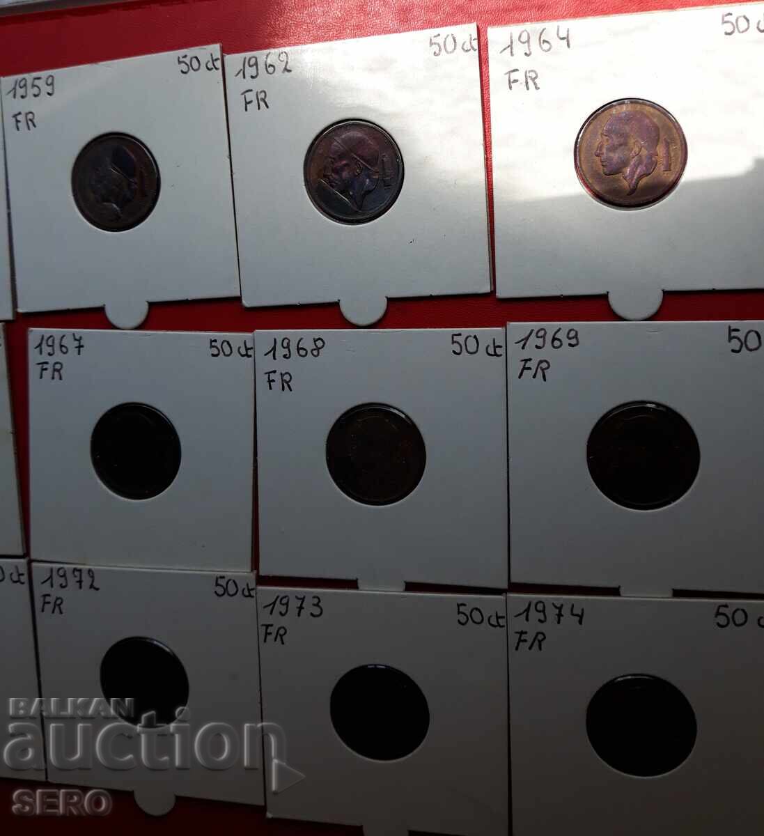 Licitație Belgia-lot 15x50 cenți din ani diferiți-inscripții în franceză