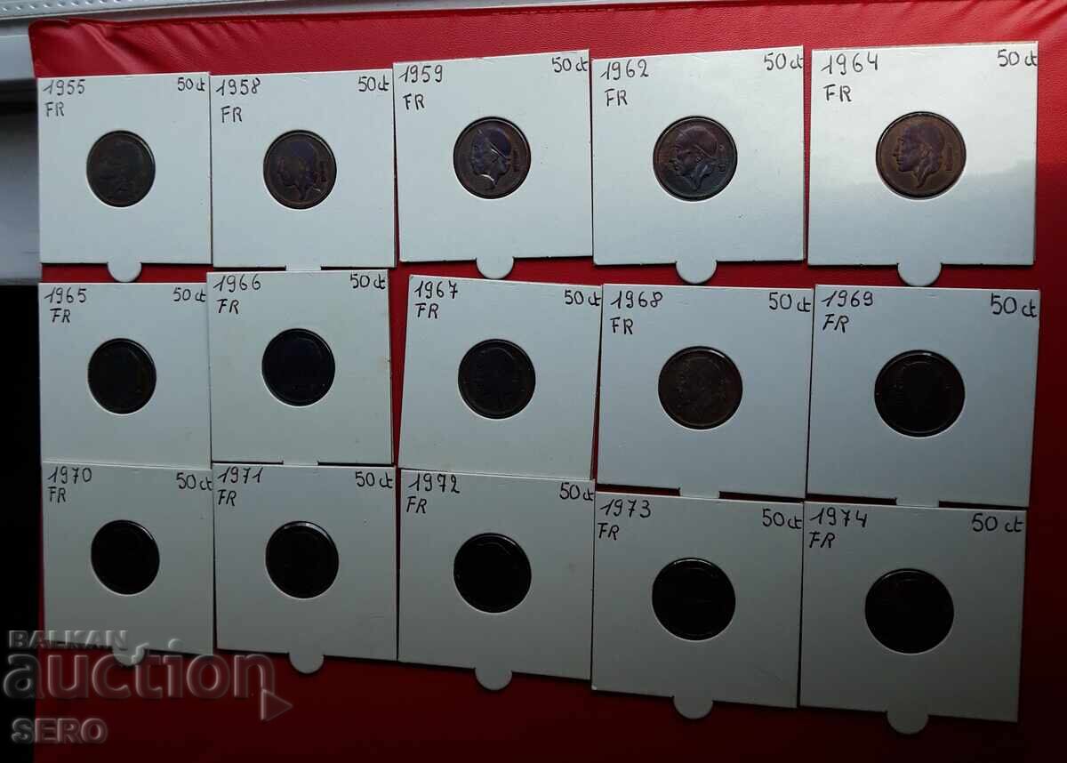 Belgia-lot 15x50 cenți din ani diferiți-inscripții în franceză