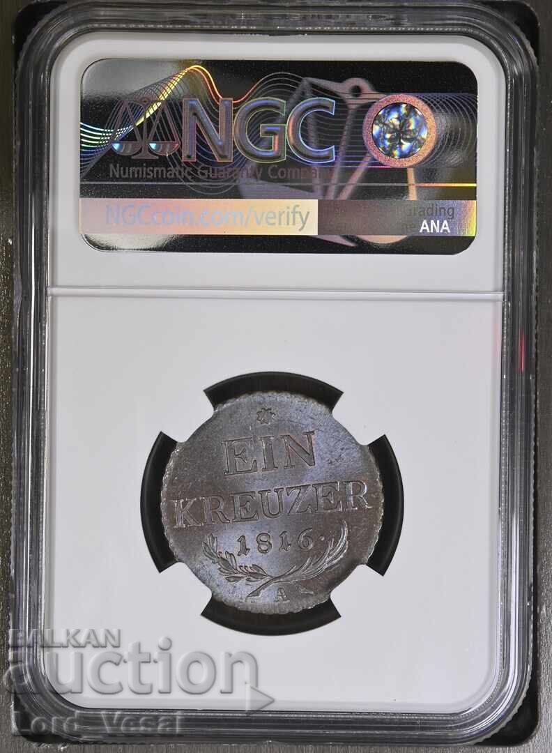 Австрийска империя 1 Kройцер 1816 A NGC MS 65 BN с цена € 135.00 | 264.04 лв. Австрийска империя 1 Kройцер 1816 A NGC MS 65 BN с цена € 135.00 | 264.04 лв.