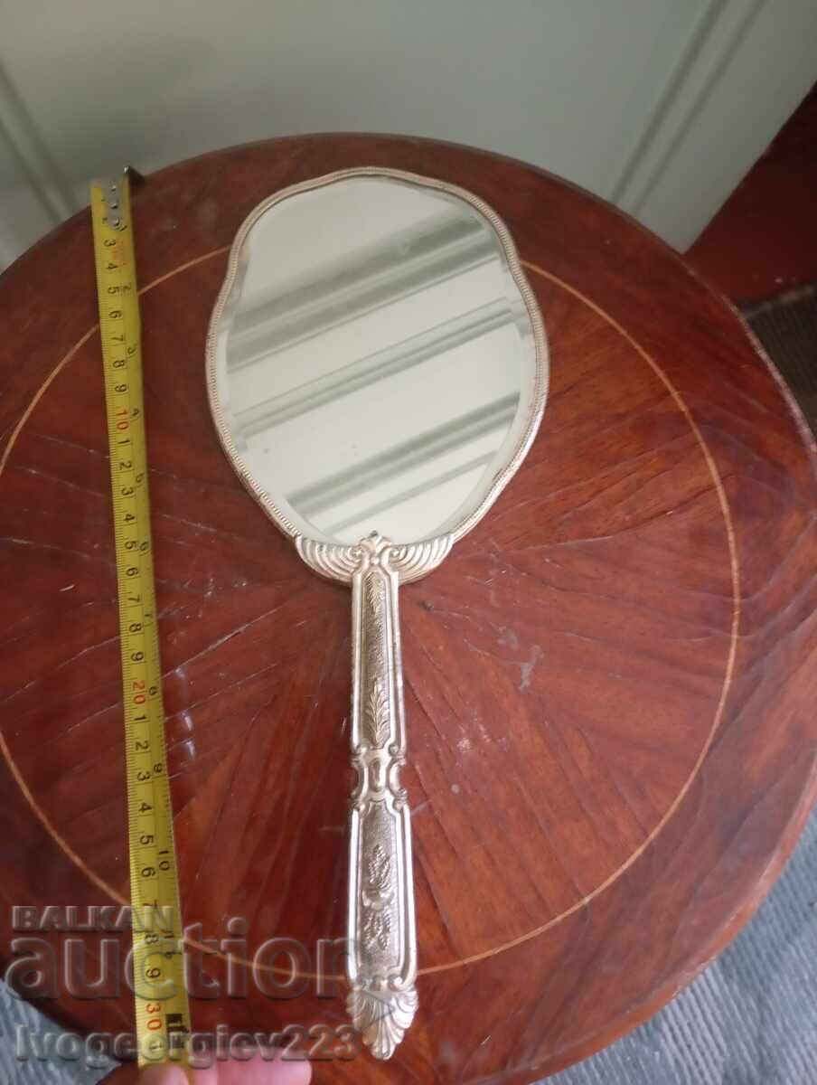 Art Deco handheld vanity mirror, silver-plated metal frame Art Deco handheld vanity mirror, silver-plated metal frame