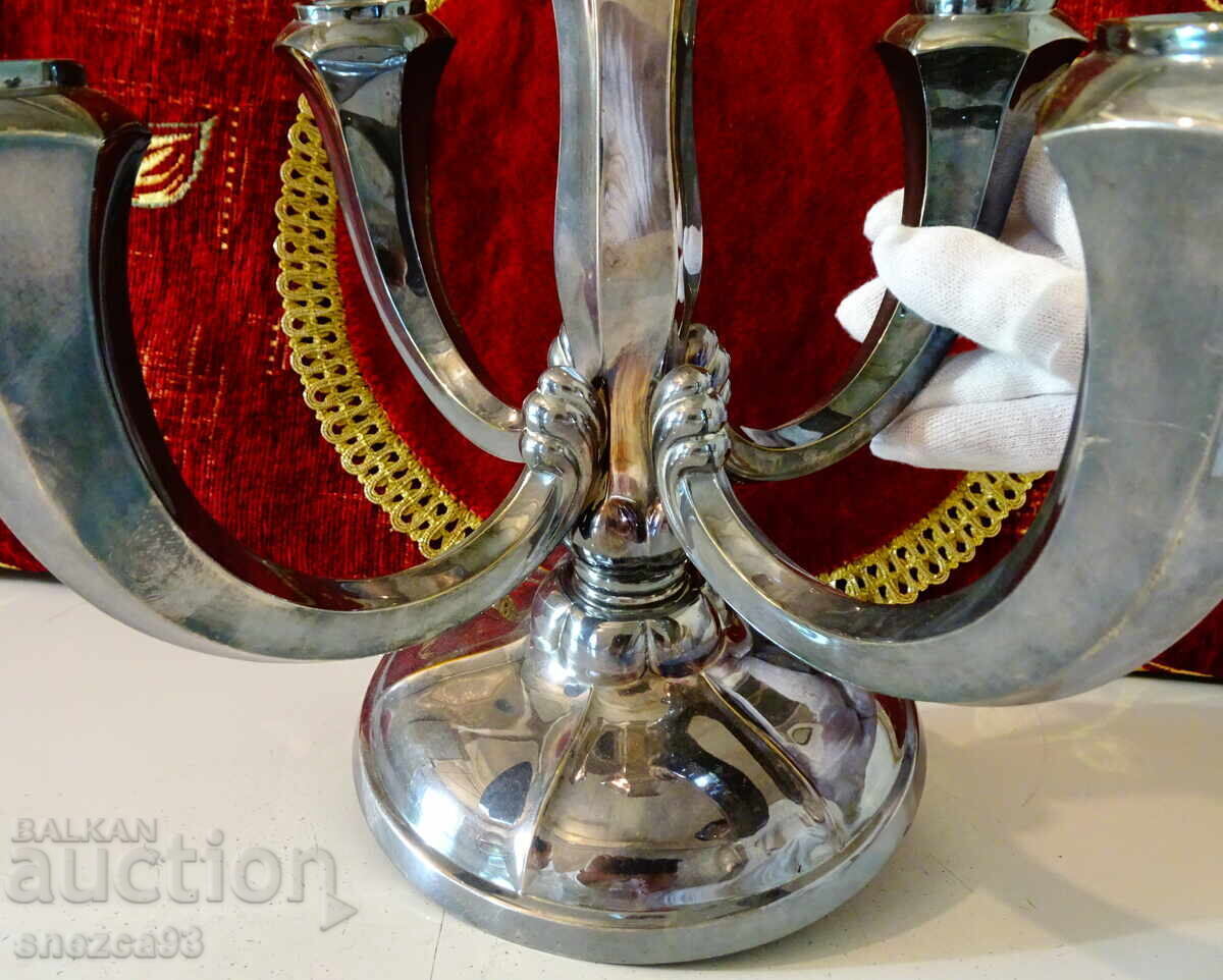 Silver-plated five-arm Art Deco candlestick, hallmarked with price € 38.99 | 76.26 BGN Silver-plated five-arm Art Deco candlestick, hallmarked with price € 38.99 | 76.26 BGN