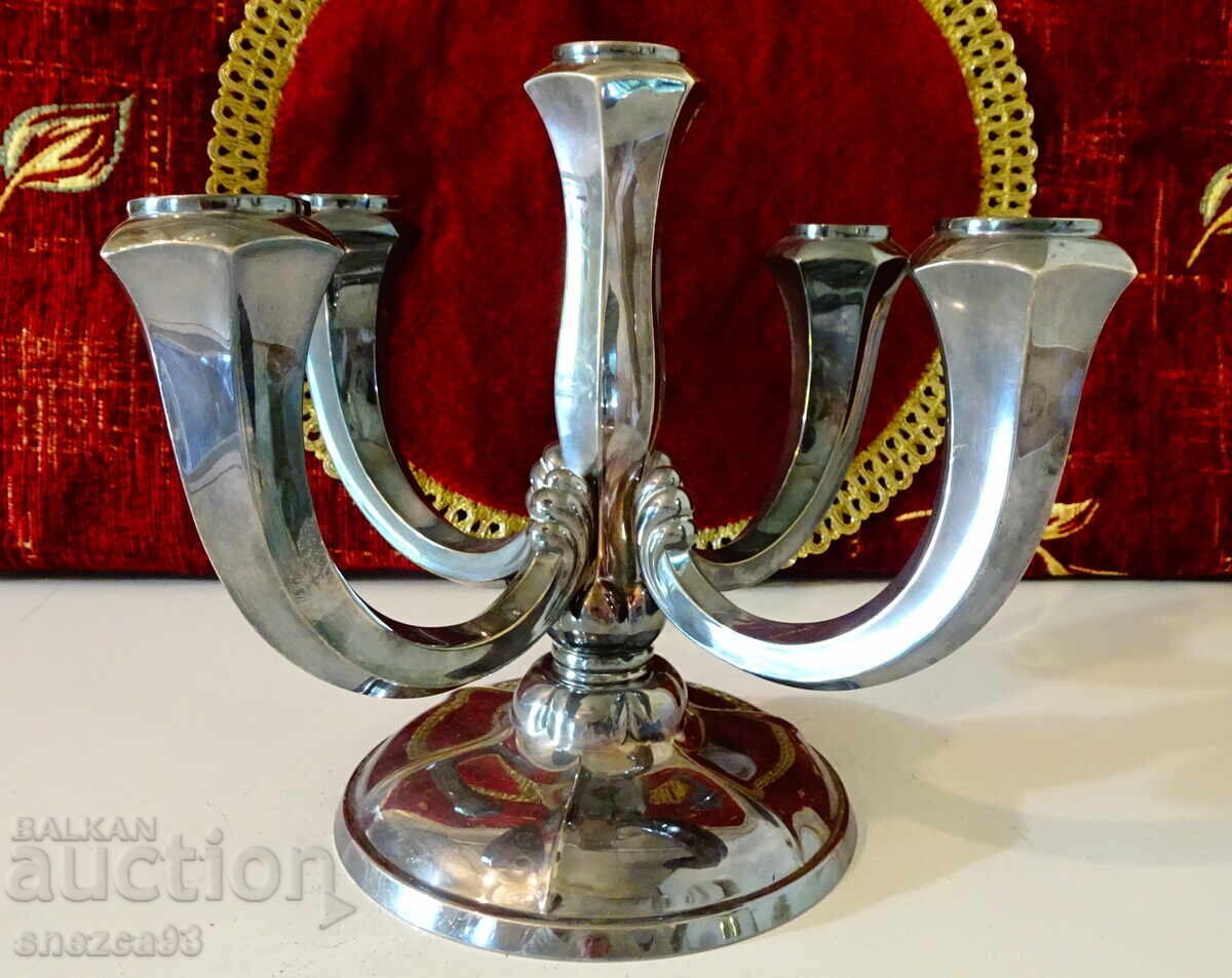 Silver-plated five-arm Art Deco candlestick, hallmarked Silver-plated five-arm Art Deco candlestick, hallmarked